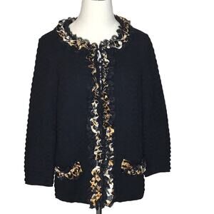 Chico’s Size Medium(8) Black Chevron Textured Knit Cardigan-Lace & Leopard Trim